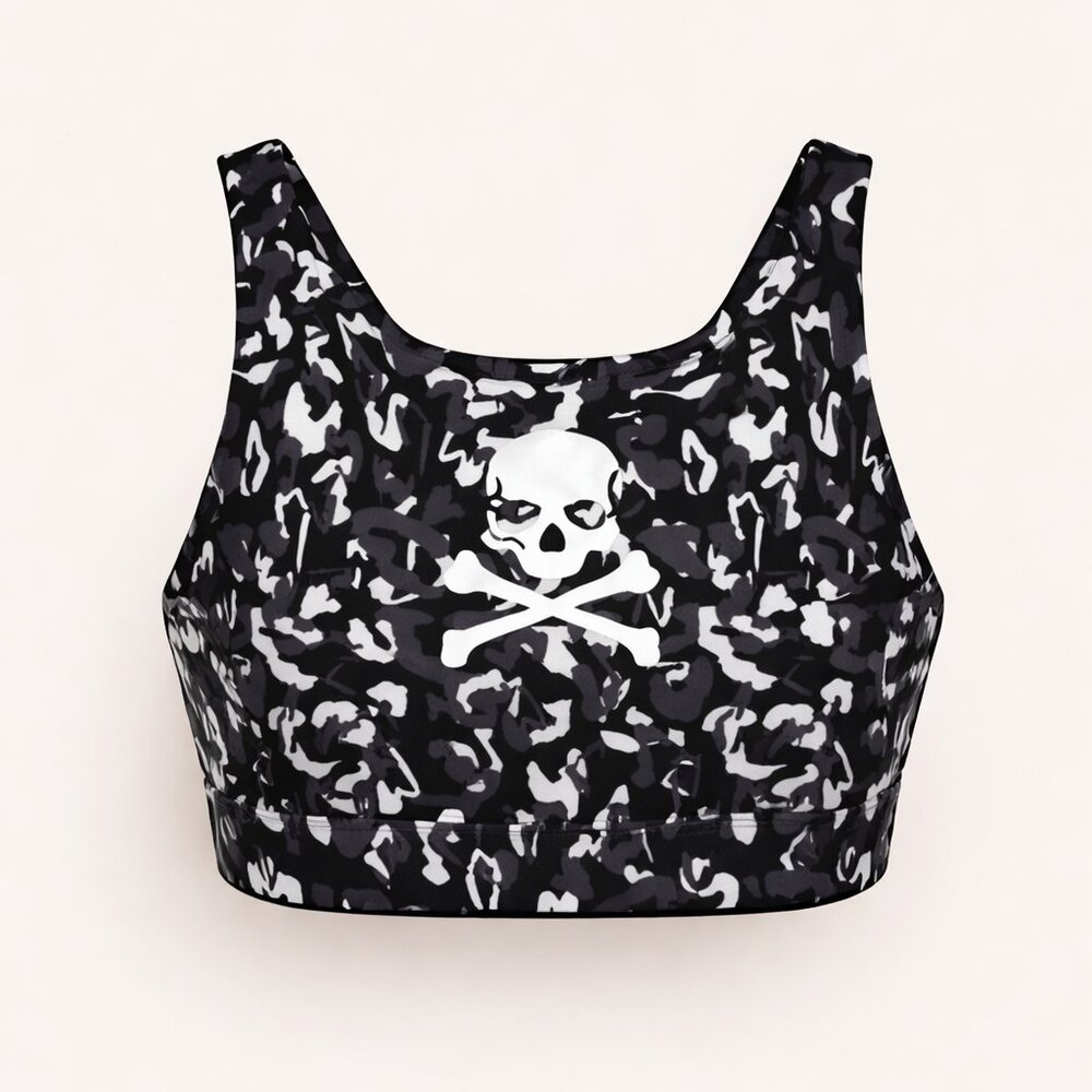 NWT SoulCycle Skull Sports Bra XXL Black Gray White High Support Activewear